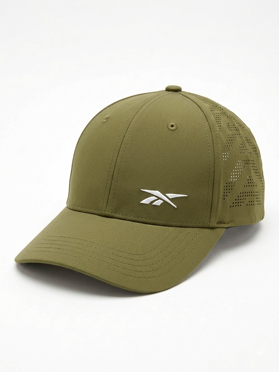 An olive green Reebok trucker-style baseball cap with a curved brim, solid front panels, perforated mesh side/back panels, and a white embroidered Reebok logo on the front.
