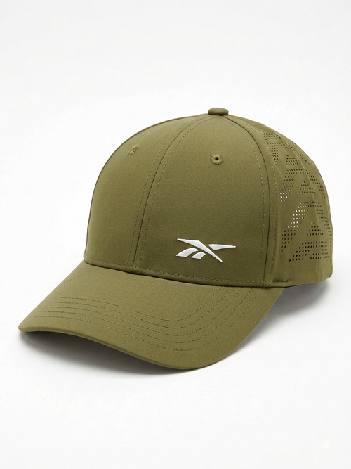 An olive green Reebok trucker-style baseball cap with a curved brim, solid front panels, perforated mesh side/back panels, and a white embroidered Reebok logo on the front.
